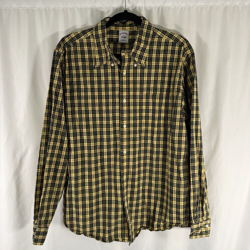 Brooks Brothers Dress Shirt Mens Large Yellow Plaid Button Up Long Sleeve Cotton